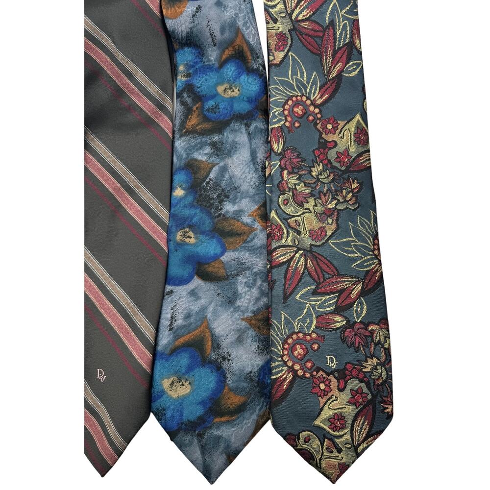 Set Of 4 Vintage Christian Dior Monsieur Mens Neck‎ Ties Striped Floral - Picture 3 of 9